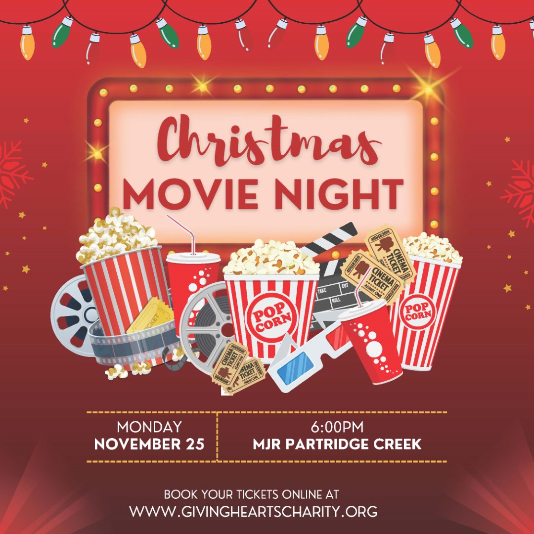 Giving Hearts Charity 2024 Christmas Movie Night Toy Drive Flyer